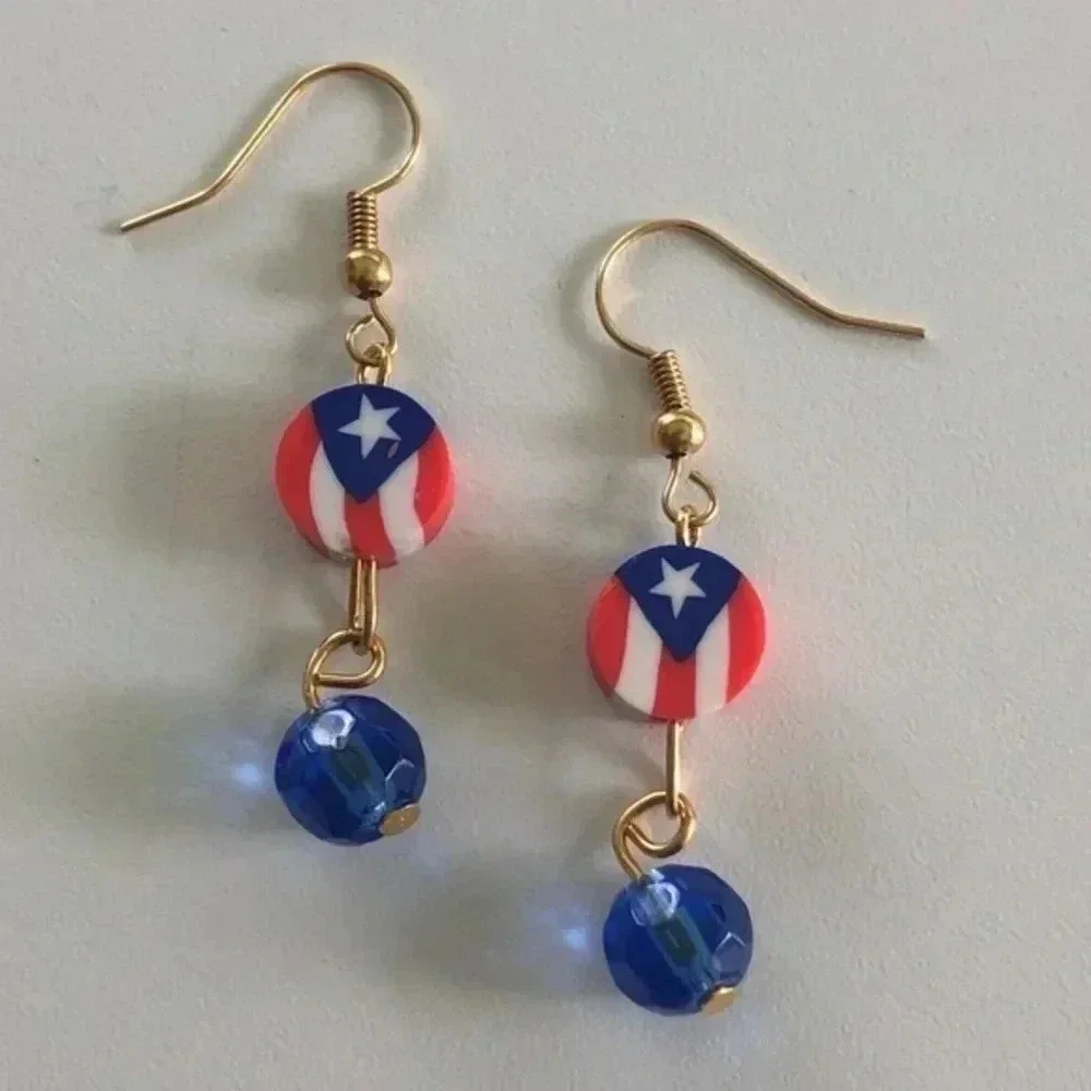 Puerto Rican Flag Patriotic 4th of July Independence Day Drop Earrings A